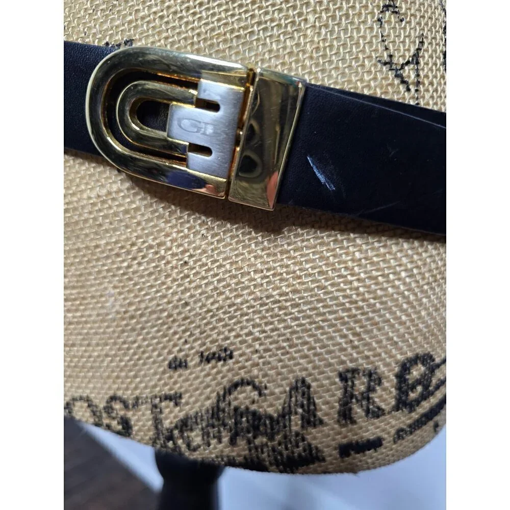 Vintage Black Leather Belt GB Signed Made in Italy Buckle